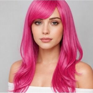 NEW Long Layered Hot Pink Wig w/ Bangs Role CosPlay Dress Up Halloween One Size